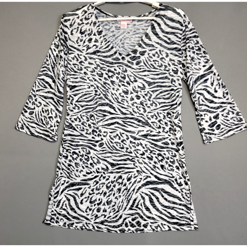 Pacific Beach Swim Cover Dress Womens M Black White Wild Zebra Semi Sheer V-Neck